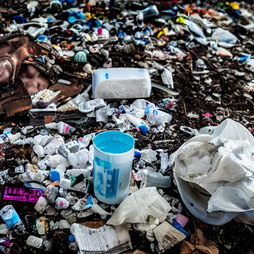 Image similar to lumpy dirty styrofoam garbage dump next to a broken mannequin, sigarette buds, wet newspaper, magazines, dirty water puddle, 8k