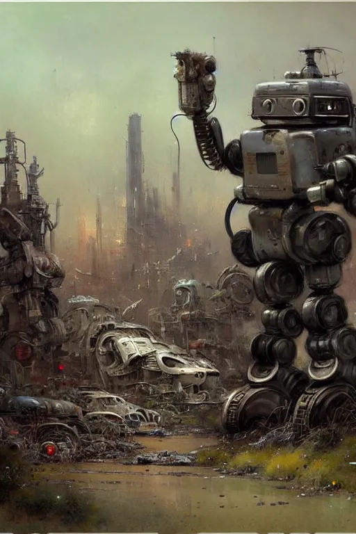 Prompt: ( ( ( ( ( 1 2 0 5 0 s retro science fiction outer robot scrap yard landscape. muted colors. ) ) ) ) ) by jean - baptiste monge!!!!!!!!!!!!!!!!!!!!!!!!!!!!!!