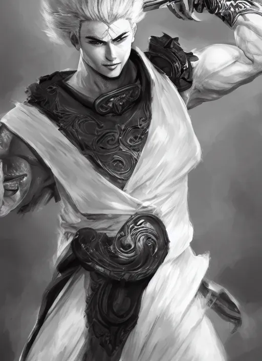 Image similar to a highly detailed illustration of fierce short white haired parted through the middle young attractive asian man, wearing hakama, with black sclera eyes, heroically battle posing, muscular, intricate, elegant, highly detailed, centered, digital painting, artstation, concept art, smooth, sharp focus, league of legends concept art, WLOP