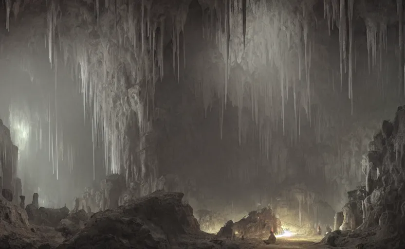 Prompt: A temple, lost in a cave, stalactites and stalagmites. Underexposed, dark. Atmospheric matte painting by Darek Zabrocki and Christophe Vacher