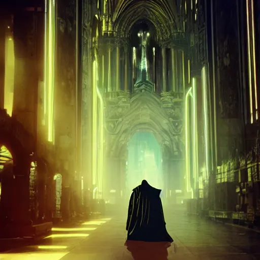 Image similar to electric warrior monks, robed, cyberpunk cathedral, special effects, neon, cyberpunk, realistic, cinematic style, visually stunning, 35mm, film post process