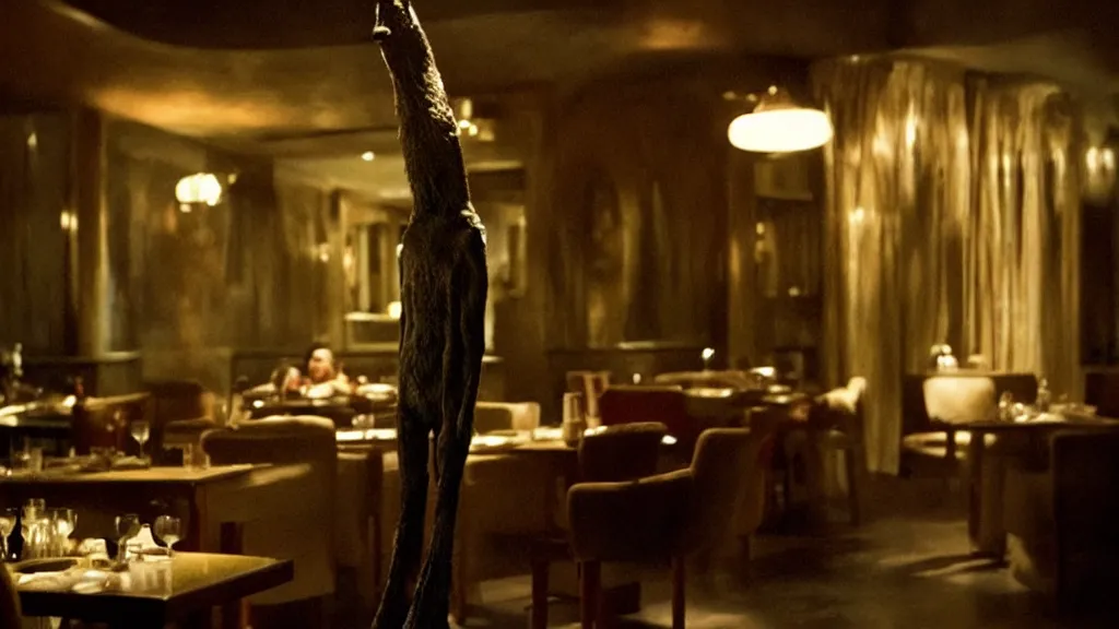 Image similar to the tall strange creature in the restaurant, film still from the movie directed by Denis Villeneuve with art direction by Salvador Dalí, wide lens