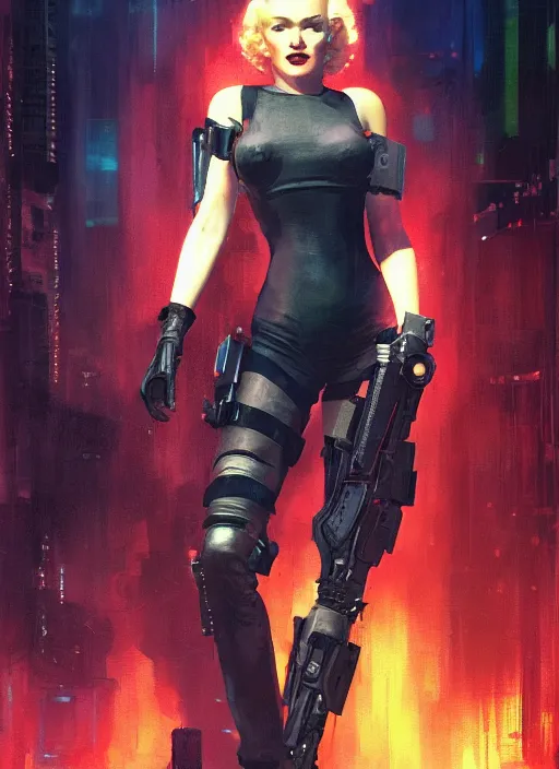 Prompt: Marilyn Monroe. Cyberpunk assassin in tactical gear. blade runner 2049 concept painting. Epic painting by Craig Mullins and Alphonso Mucha. ArtstationHQ. painting with Vivid color. (rb6s, Cyberpunk 2077, matrix)