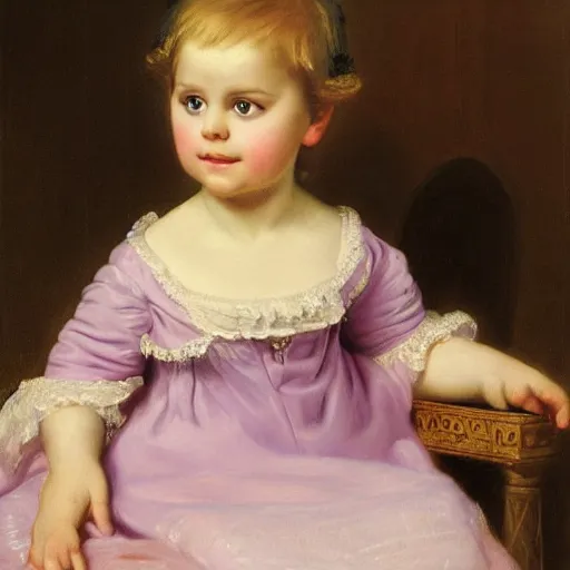 Image similar to portrait of a german toddler princess sitting down in a silk lavender gown, circa 1 8 3 7, by carl joseph begas, highly detailed, beautiful, oil on canvas, 1 8 3 0 s, romanticism