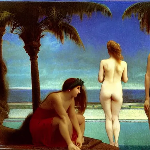 Image similar to Silhouette of four girl at the palace, thunderstorm, greek pool, beach and palm trees on the background major arcana sky, by paul delaroche, alphonse mucha and arnold böcklin arnold böcklin hyperrealistic 8k, very detailed