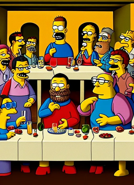 Image similar to the last supper, but with simpsons characters, highly detailed, fine art