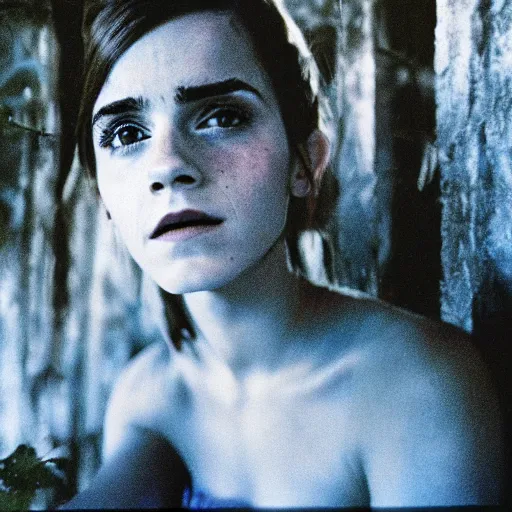 Prompt: film still, extreme far view, emma watson, jungle, vietnam door gunner, apocalypse now, associated press, 2 6 mm, kodak ektachrome, blue tint expired film, by annie leibovitz