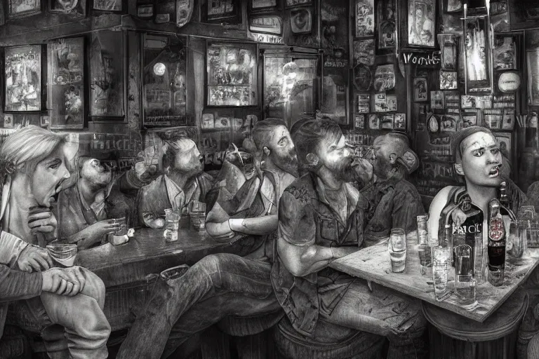 Prompt: people drink vodka in a dirty pub, disgusting faces, drunk people, dark night, highly detailed digital art, photorealistic