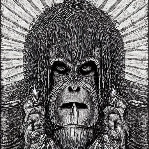 Prompt: orangutan descending from heaven, in the style of deathspell omega's fas album cover, illustration, detailed