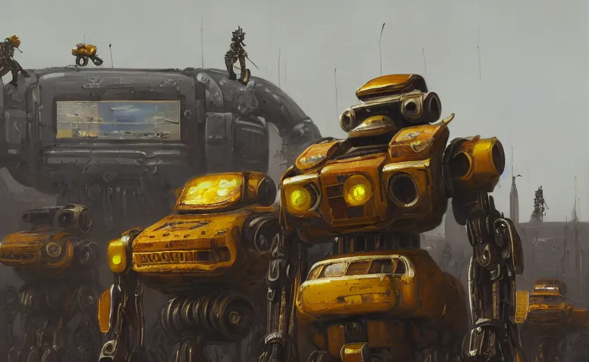 Image similar to an intricate oil painting of a giant armored plated metal mecha, croud, cars, by simon stalenhag, rust, yellow and black trim, trending on artstation, hdr, 8 k