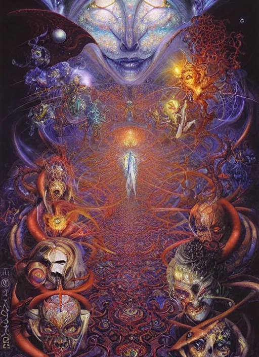 Prompt: realistic detailed image of a friendly figures of dmt jesters made of light walking back and forth in the outer space by Ayami Kojima, Amano, Karol Bak, Greg Hildebrandt, and Mark Brooks, Neo-Gothic, gothic, rich deep colors. Beksinski painting, part by Adrian Ghenie and Gerhard Richter. art by Takato Yamamoto. masterpiece
