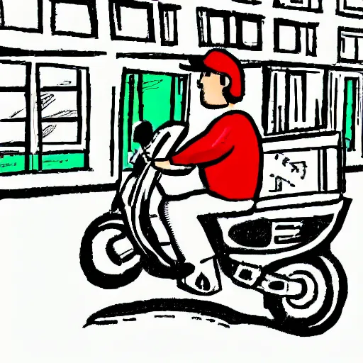 Image similar to drawn cartoon of a delivery driver on moped delivering packages on a long windy city street, bright color, bubbly, digital cartoon syle image, no blur, white background