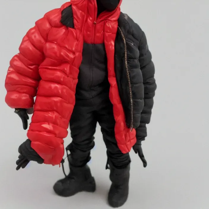 Image similar to kanye west, a goodsmile figure of kanye west using a full face covering black mask, a small, tight, undersized reflective bright red round puffer jacket made of nylon, dark jeans pants and big black balenciaga rubber boots, figurine, detailed product photo