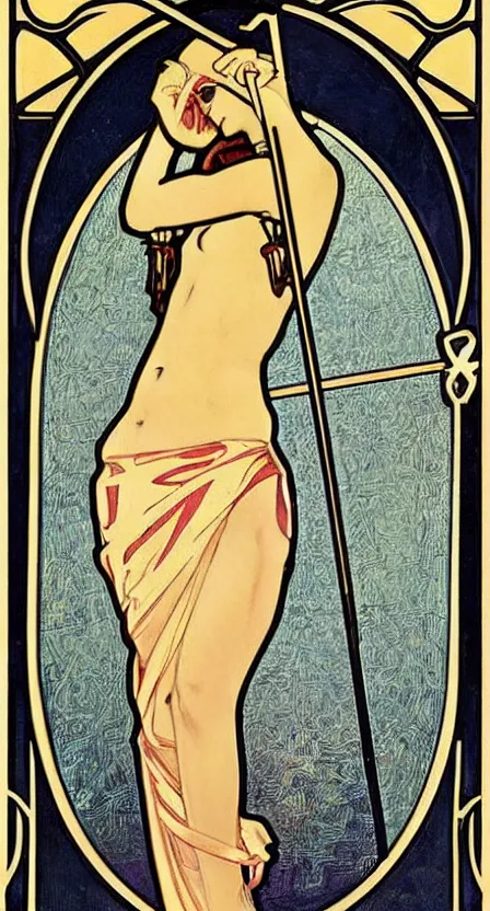 Image similar to a tarot card of death with a scythe, illustrated in an art deco style by tamara de lempika and an elegant border by alphonse mucha.