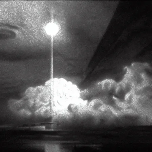 Image similar to Kaiju Starro, fog, Ishirō Honda, vintage movie shot, Orson Welles, fog, night, missile explosions