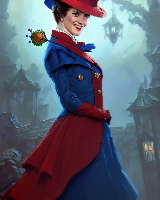 Image similar to Mary Poppins smiling and looking to the side, D&D, fantasy, intricate, elegant, highly detailed, digital painting, artstation, concept art, matte, sharp focus, illustration, hearthstone, art by Artgerm and Greg Rutkowski and Alphonse Mucha