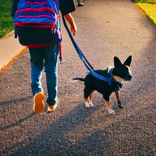 Prompt: a dog is walking a child to school