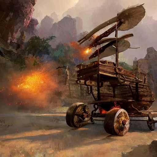 Image similar to a sling machine firing rocks flying, cart wheels, epic fantasy style art by Craig Mullins, fantasy epic digital art