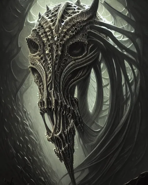 Prompt: fractal skull horse by giger, deep focus, d & d, dark fantasy, intricate glow accents, elegant, highly detailed, digital painting, artstation, concept art, matte, sharp focus, 8 k 3 d, hearthstone, art by artgerm and greg rutkowski and alphonse mucha