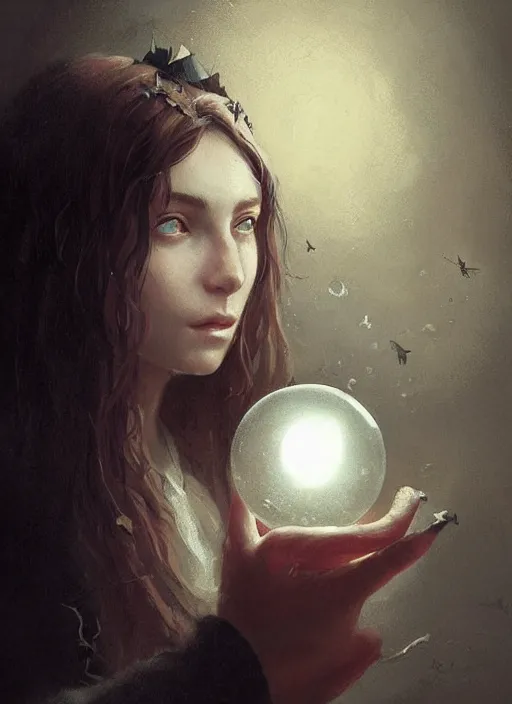 Image similar to portrait of a young witch with a crystal ball, true anatomy, detailed face, highly detailed, by greg rutkowski