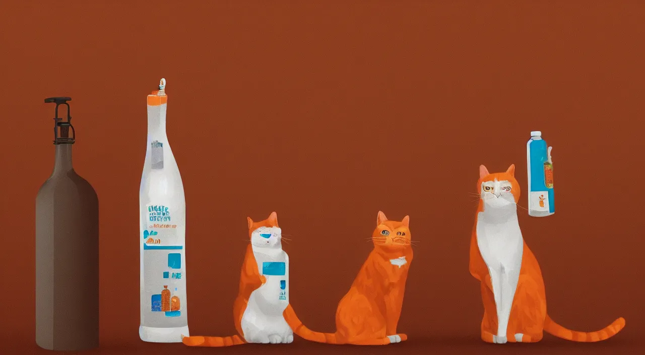 Prompt: a cat standing next to a bottle of medicine. orange cat. animal. digital art. artstation. illustration. wide image.
