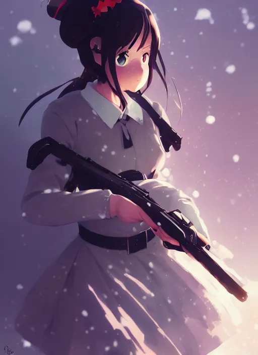 Prompt: portrait of anime maid maid dress with gun in hands running winter by greg rutkowski, key visual, kyoto animation, makoto shinkai, studio ghibli pixiv, sharp, detailed, high quality, award winning trending on artstation