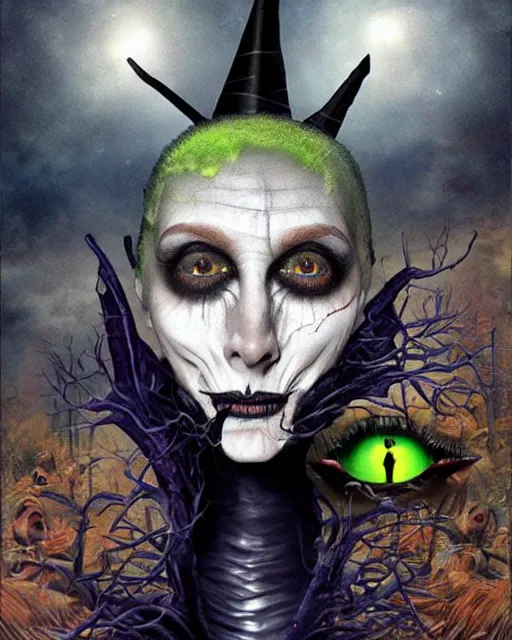 Image similar to halloween witch theme surrealist art in the styles of igor morski, jim warren, and a tim burton film, intricate, hyperrealistic, accurate facial details, profile picture with chromakey!!!! background, volumetric lighting