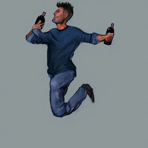 Image similar to artistic rendition of a man jumping in the while holding a bottle, trending on Artstation