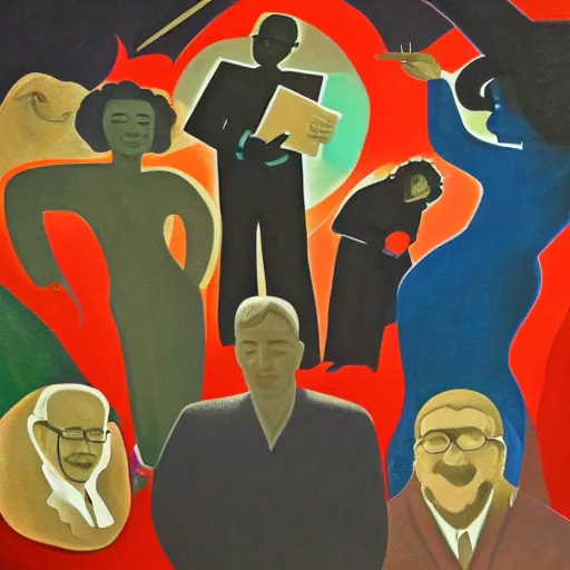 Image similar to oil on masonite painting by aaron douglas of a psychedelic conference of scientists / professors / researchers, high detail