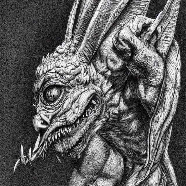 Image similar to highly detailed ballpoint pen illustration of a gargoyle