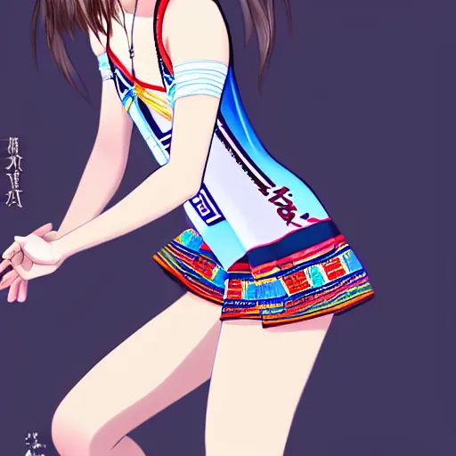 Image similar to a beautiful boyish emma watson alluring gravure model, wearing elegant japanese hiphop leotard outfit with subtle mayan patterns and native fashion, harajuku aztec fashion, gapmoe yandere grimdark, trending on pixiv fanbox, painted by samuel youn