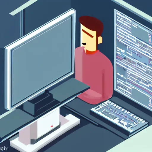 Prompt: programmer in front of his computer station, isometric, detailed, ideal symmetry, perfect pixel alignment, 8 k,