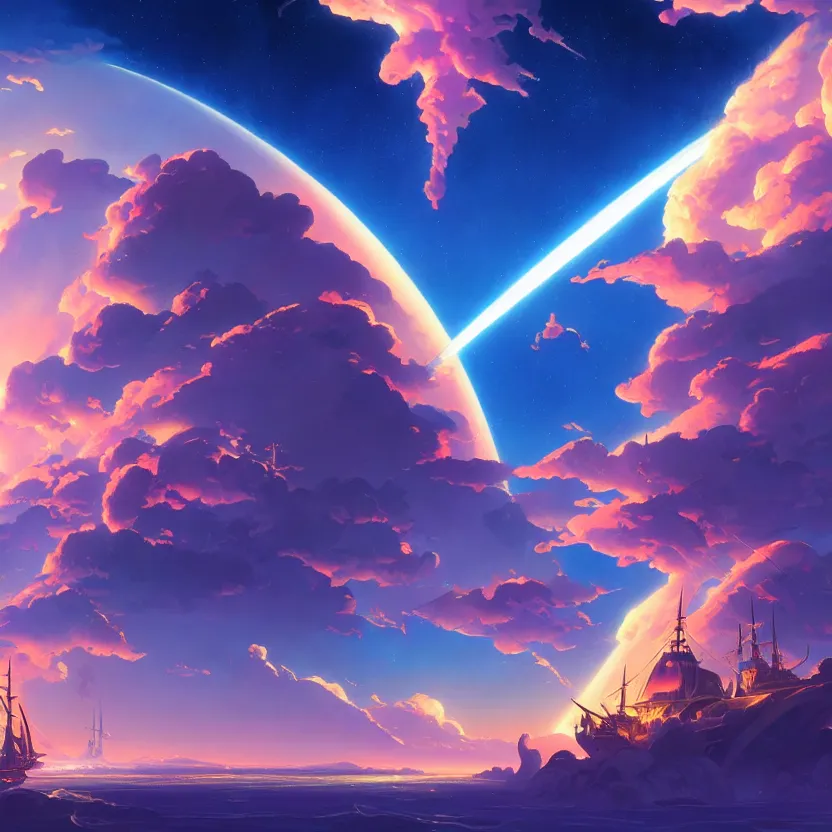 Image similar to treasure planet, clouds!, beautiful lighting, vivid colors, intricate, elegant, smooth, sharp focus, highly detailed digital painting, concept art, cinematic, unreal engine, 4 k wallpaper, art by syd mead, terada katsuya, atey ghailan, svetlin velinov, tarmo juhola, cgsociety, artstation trending, deviantart featured