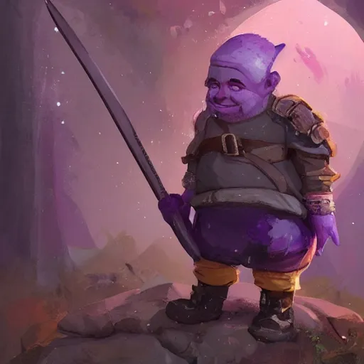 Prompt: male gnome youth adventurer with purple skin, by Ismail Inceoglu, wearing leather adventuring clothes, shabby, short, kid, bald, wielding knife, happy grin, character portrait closeup, digital art, dungeons and dragon, character