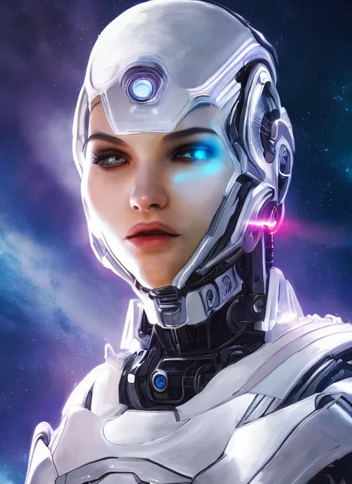 Image similar to photo of a cyborg girl on a space ship, warframe armor, beautiful face, scifi, nebula reflections, angel, white hair, stars, professionally color graded, sharp focus, 8 k high definition, insanely detailed, intricate, innocent, art by stanley lau and artgerm