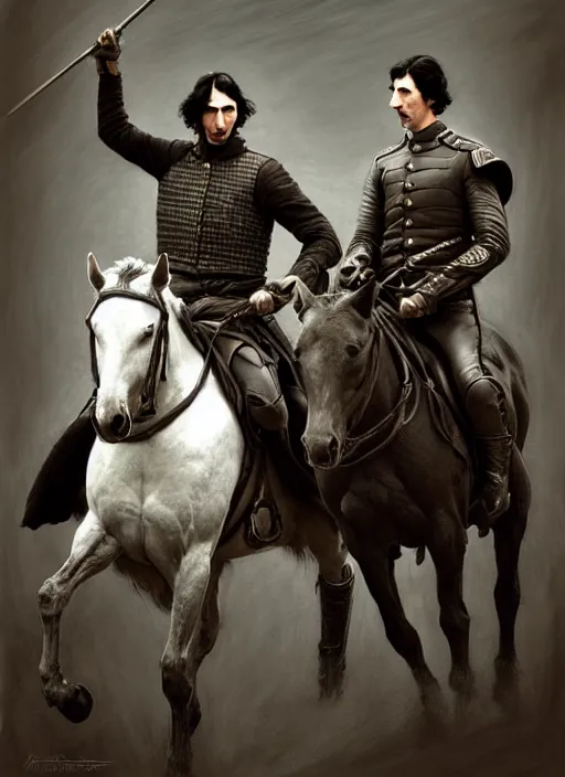 Image similar to painting of john oliver and adam driver together, riding horse, stoic, full body, military uniform, fantasy, intricate, elegant, beautiful, highly detailed, charcoal, centered, dark, smokey, digital painting, artstation, concept art, smooth, sharp focus, illustration, art by artgerm and greg rutkowski and alphonse mucha