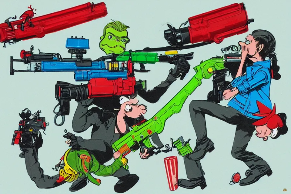 Prompt: 3 concept illustrations supersoaker water guns, by jamie hewlett