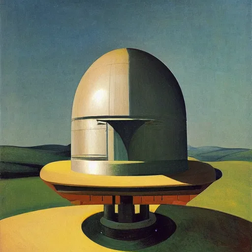 Prompt: giant spherical eye being lowered through the roof of a dome - shaped control center, grant wood, pj crook, edward hopper, oil on canvas