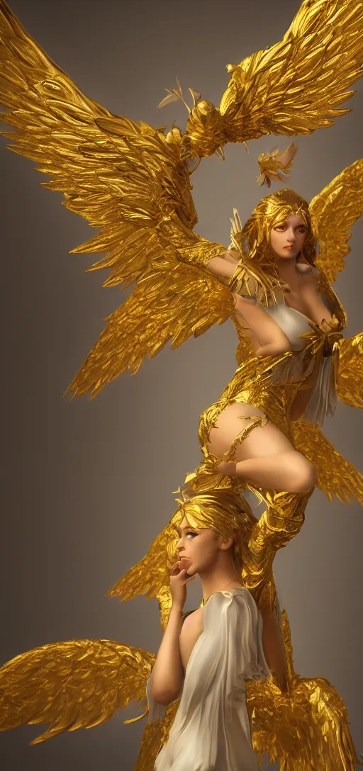 Image similar to beautiful angel, golden white wings, fantasy style, octane render, 8k, highly detailed, trending on artstation, magical background