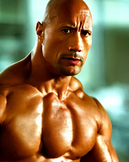 Image similar to Film still close-up shot of Dwayne Johnson as Rocky Balboa from the movie Rocky. Photographic, photography