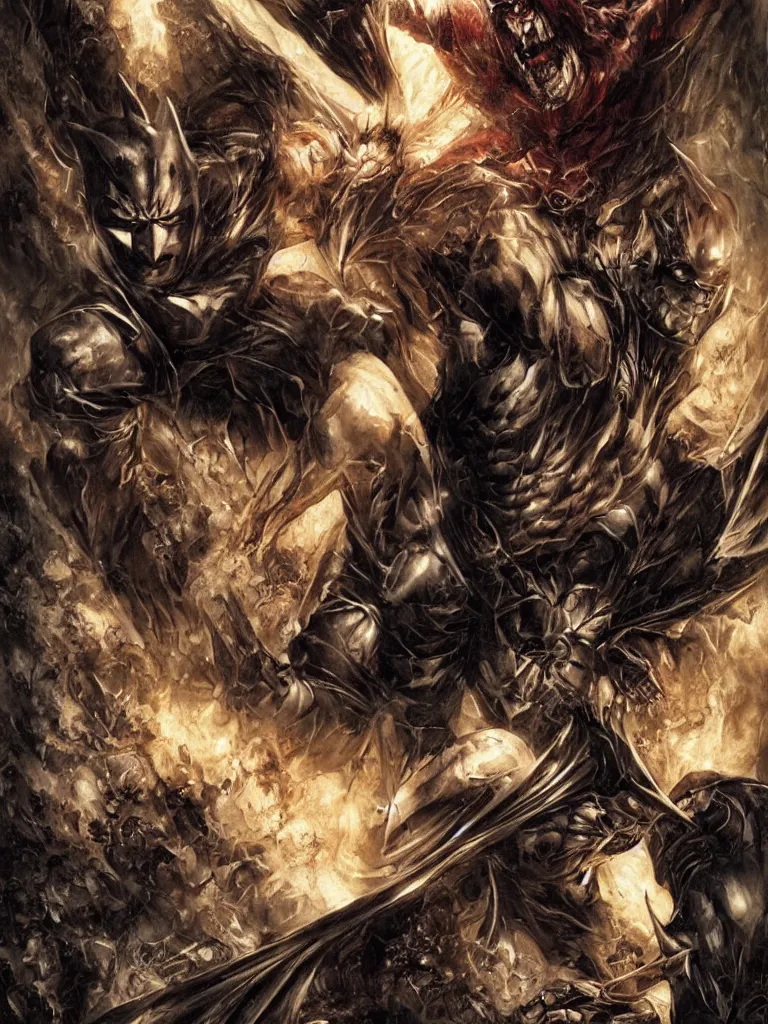 Prompt: ancient damned muscular slim batman, dark and gritty, fantasy artwork, warm colors, by seb mckinnon and lee bermejo