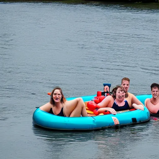 Prompt: a group of 4 people on 4 separate inner tubes floating on a river eating copious amounts of food