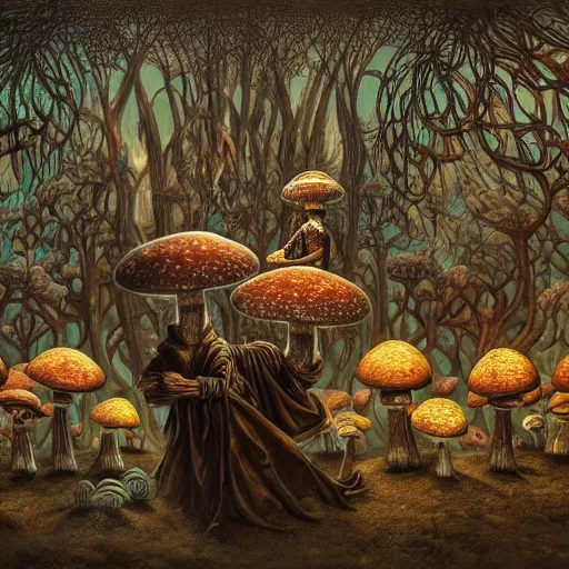 Image similar to mushroom man, fungus, freak show, surrealism, fractalism, strange, hyperdetailed, photorealistic, interesting, benoit b. mandelbrot, m. c. escher, patrick woodroffe, ernst fuchs, zdzisław beksinski, id magazine, octane, cinematic, hyperrealism, 8 k, depth of field, bokeh