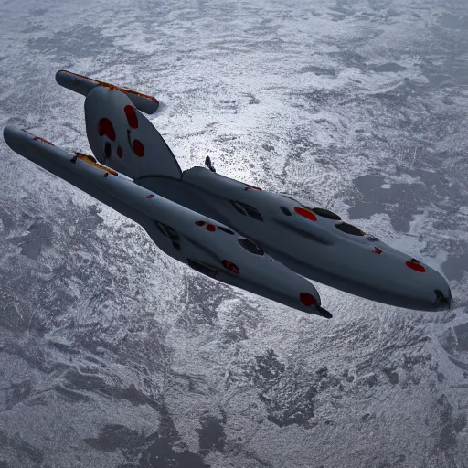 Image similar to blakes 7 liberator space craft flying low over a lake with relfections 8 k resolution evening sunlight, ambient occlusion cinematic volumetric clouds