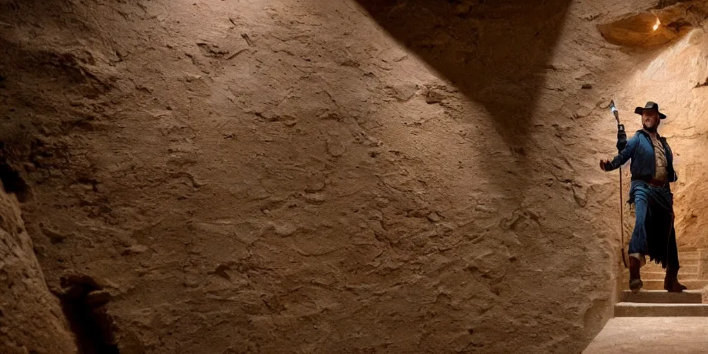 Prompt: Indiana Jones with a torch walking down a staircase into a dark Ancient Egyptian Sandstone tomb