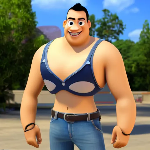 Image similar to handsome thin athletic white man with short buzzed widows peak hair, facial stubble, and eyes are blue, wearing tank top, posing outside, depicted as a Pixar character, high quality cg render, 4k