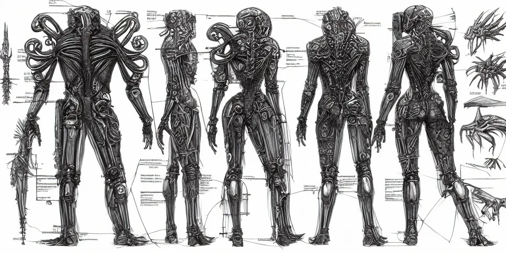 Image similar to highly detailed character sheet, technical drawing, side view, biomechanical human game protagonist designs, side - scrolling 2 d platformer, art by h. r. giger and jonathan wayshak