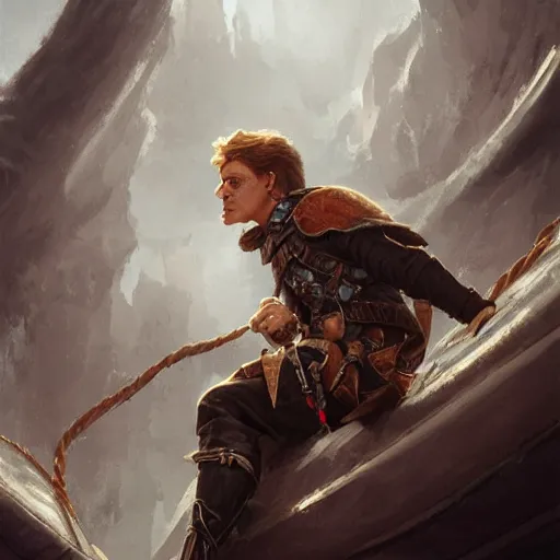 Image similar to plucky charming white male rogue climbing ship ladder, naval background, fantasy, D&D 5e, 5th edition, portrait, piercing stare, highly detailed, digital painting, HD, artstation, concept art, matte, sharp focus, illustration, art by artgerm and greg rutkowski