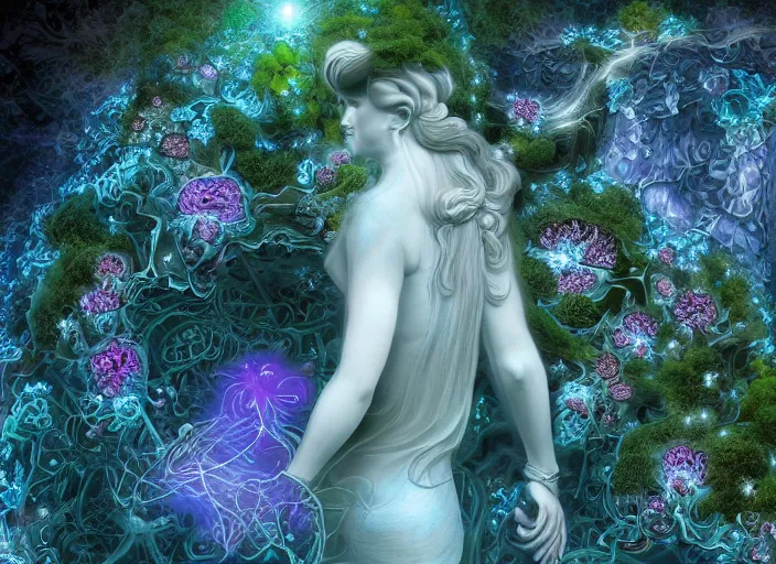 Image similar to glowing delicate flower and mushrooms that grow in a dark fatansy forest on the planet Pandora, an idealistic marble statue with fractal flowery hair in a fractal garden,