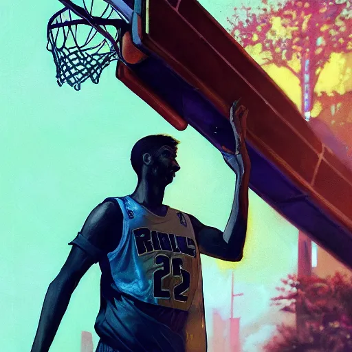 Image similar to highly detailed basketball player, in gta v, stephen bliss, unreal engine, fantasy art by greg rutkowski, loish, rhads, ferdinand knab, makoto shinkai and lois van baarle, ilya kuvshinov, rossdraws, tom bagshaw, global illumination, radiant light, detailed and intricate environment